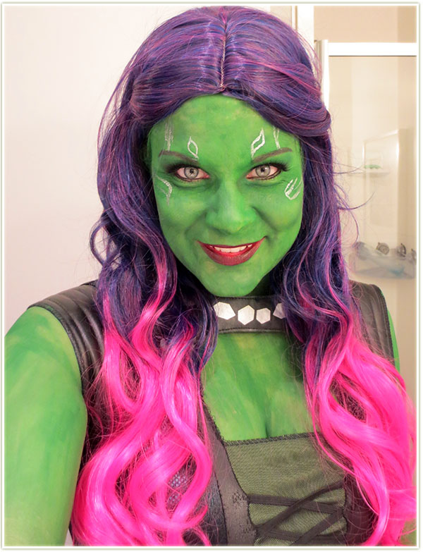 Finished Gamora makeup with outfit and wig
