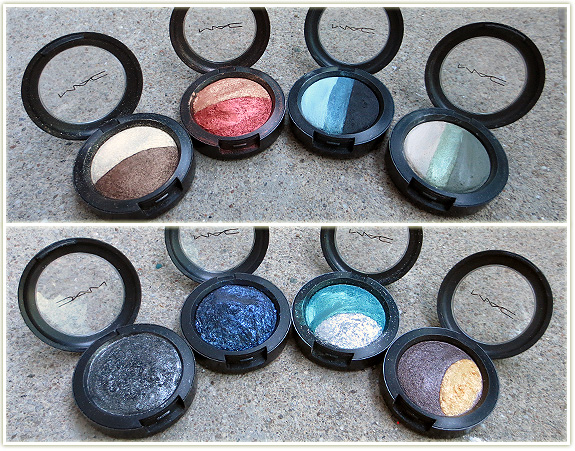 MAC Mineralize Eyeshadows. Top row (l-r): Illusionary/Burning Ambition, Heat Element, Blue My Mind, Calm, Cool & Collected (bottom row (l-r): Cinderfella, Blue Flame, Blue Sorcery, Midnight Madness