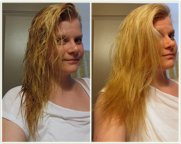 Left – Damp hair with the spray in. Right – air dried hair with the spray in.