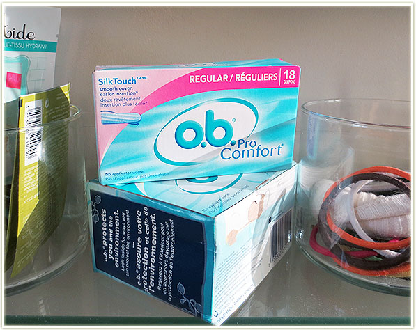 A box of 18-count o.b. tampons (regular)
