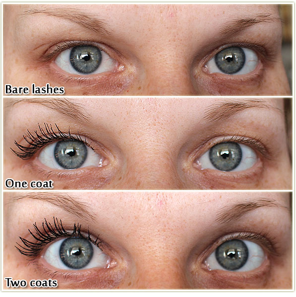 Left side: Mascara application at varying stages. Right side: No mascara at all.