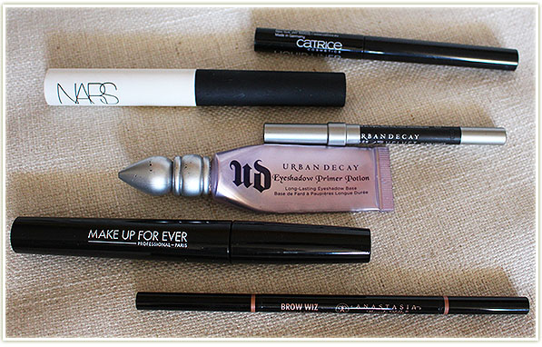 Top to bottom: Catrice liquid liner in Dating Joe Black, NARS Primer, Urban Decay Black Velvet liner, Urban Decay primer, Make Up For Ever Smoky Stretch mascara, Anastasia Brow Whiz