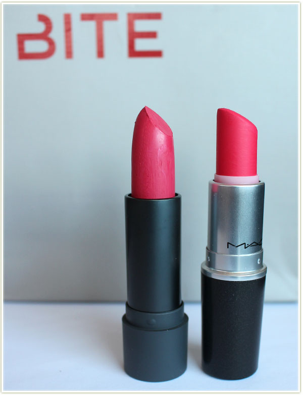 The Bite Beauty Lip Lab colour compared to MAC's Relentlessly Red