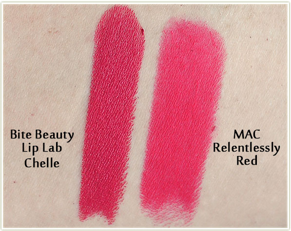 The Bite Beauty Lip Lab colour compared to MAC's Relentlessly Red - swatches