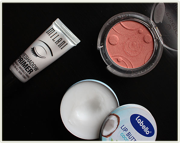 Milani Eyeshadow Primer, essence blush in Autumn Peach, Labello Lip Butter in Coconut