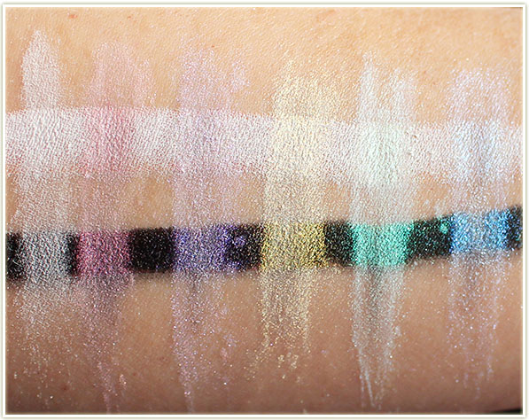 Naked Cosmetics Ivory stack swatches on bare skin, over a white base and over a black base