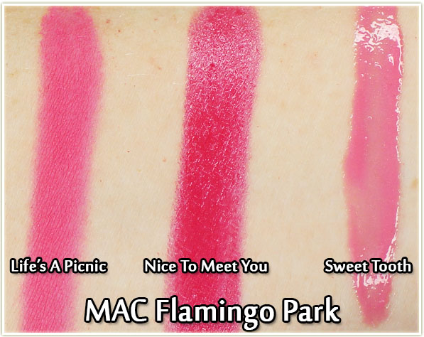 MAC - Flamingo Park swatches: Life's A Picnic blush, Nice To Meet You lipstick and Sweet Tooth cremesheen glass
