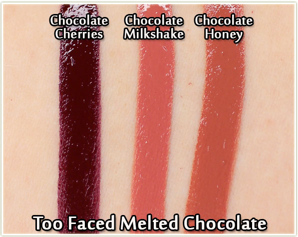 Too Faced Melted Chocolate Lipsticks in Chocolate Cherries, Chocolate Milkshake & Chocolate Honey Swatches