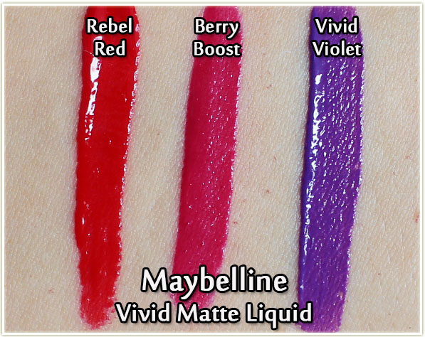 Maybelline Vivid Matte Liquid swatches: Rebel Red, Berry Boost & Vivid Violet
