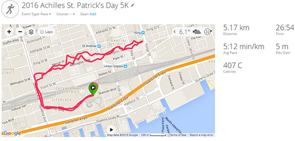 2016 Achilles St. Patrick's Day 5K - course map