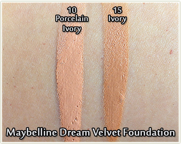 Maybelline Dream Velvet foundation in shades 10 Porcelain Ivory and 15 Ivory (swatches)