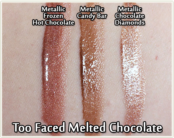 Too Faced Melted Metallic Chocolate Lipsticks in Frozen Hot Chocolate, Candy Bar and Chocolate Diamonds - swatches