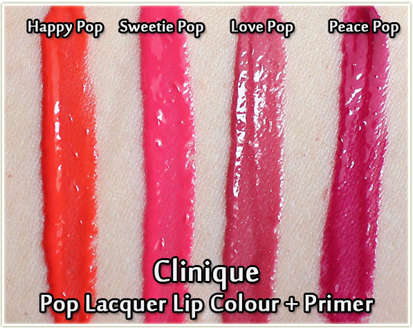 Clinique Pop Lacquer swatches in Happy Pop, Sweetie Pop, Love Pop and Peace Pop