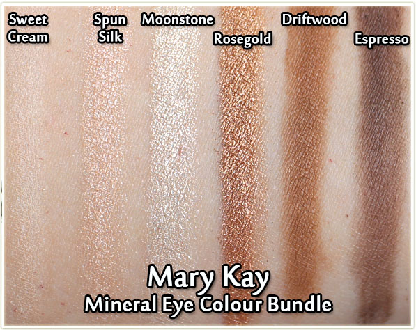 Mary Kay Mineral Eye Colour Bundle - Sweet Cream, Spun Silk, Moonstone, Rosegold, Driftwood & Espresso - swatches
