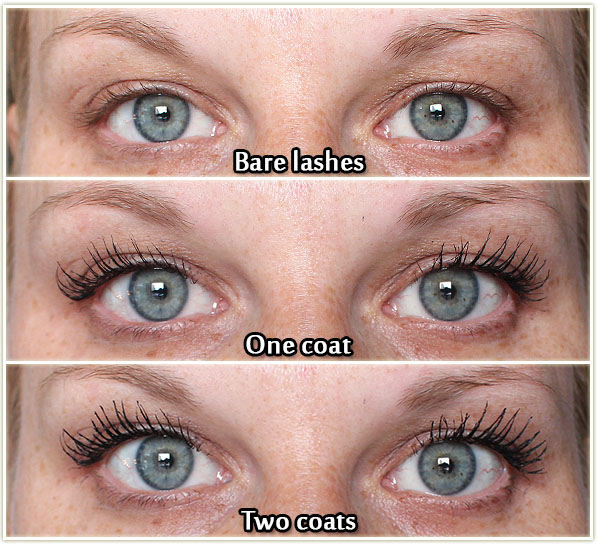 Too Faced Better Than Sex Waterproof Mascara - nothing on lashes, one coat and two coats comparison