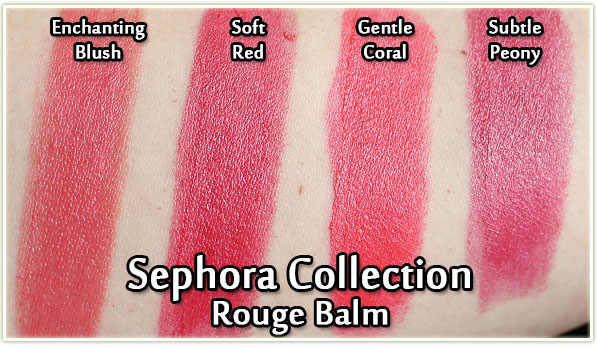 Sephora Collection Rouge Balm swatches - Enchanting Blush, Soft Red, Gentle Coral and Subtle Peony