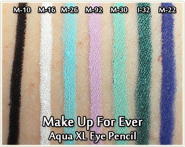 Make Up For Ever Aqua XL Eye Pencils in M-10, M-16, M-26, M-92, M-30, I-32 and M-22 - swatched