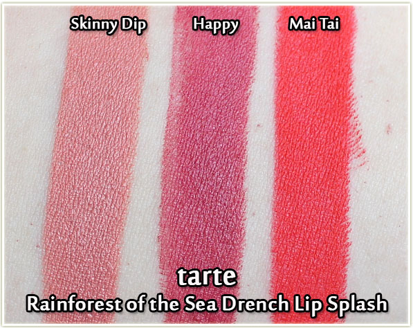 tarte Rainforest of the Sea Drench Lip Splash Lipsticks - Skinny Dip, Happy & Mai Tai (swatched)