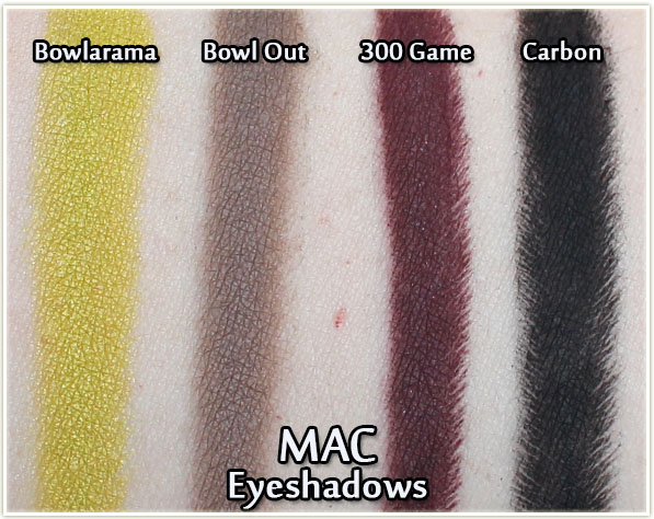 MAC It's a Strike! eyeshadows - Bowlarama, Bowl Out, 300 Game & Carbon - swatched