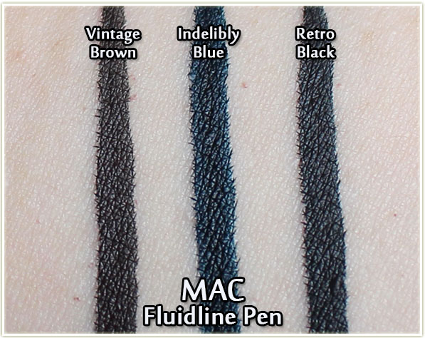 MAC Fluidline Pens in Vintage Brown, Indelibly Blue & Retro Black - swatched