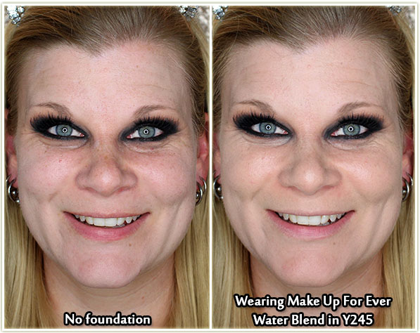 Left shot: no foundation, right shot: wearing Water Blend in Y245