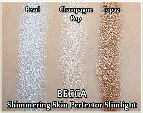 BECCA Shimmering Skin Perfector Slimlight in Pearl, Champagne Pop and Topaz - swatches