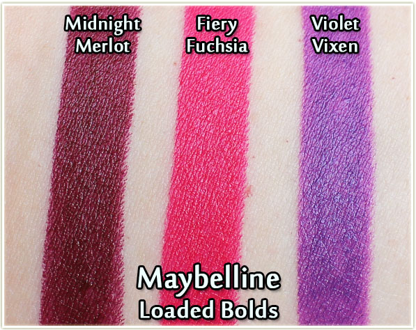Maybelline Loaded Bolds in Midnight Merlot, Fiery fuchsia and Violet Vixen - swatches