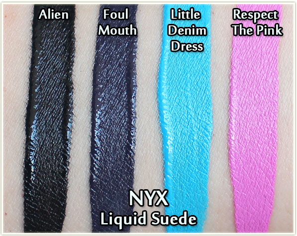 NYX Liquid Suedes in Alien, Foul Mouth, Little Denim Dress and Respect The Pink - swatches