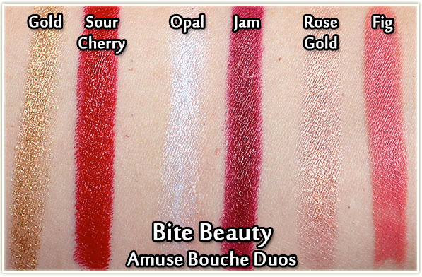 Bite BeautyAmuse Bouche Lipstick Duos in Gold/Sour Cherry, Opal/Jam and Rose Gold/Fig - swatches