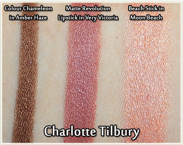 Charlotte Tilbury - Colour Chameleon in Amber Haze, Matte Revolution Lipstick in Very Victoria and Beach Stick in Moon Beach - swatches