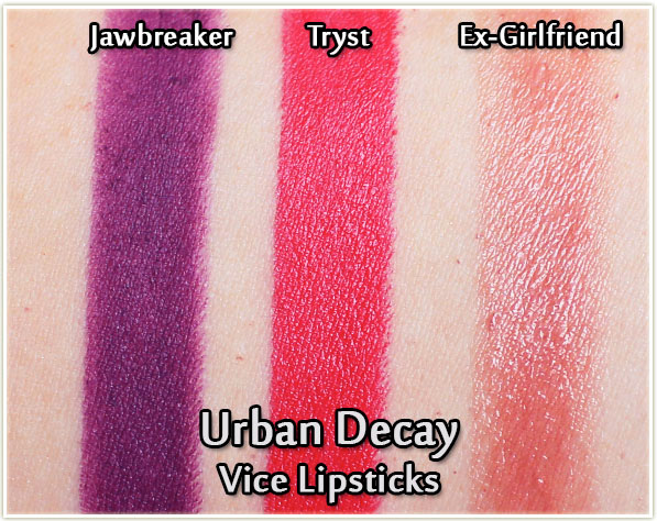 Urban Decay Vice Lipsticks in Jawbreaker, Tryst and Ex-Girlfriend - swatches