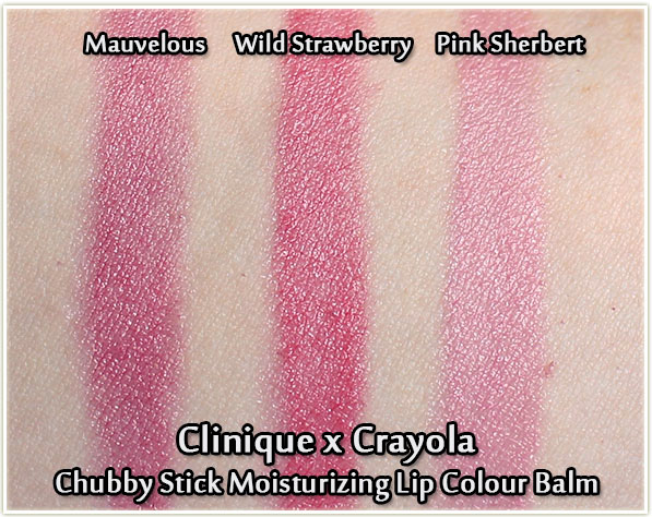 Clinique x Crayola Chubby Stick swatches - Mauvelous, Wild Strawberry and Pink Sherbert