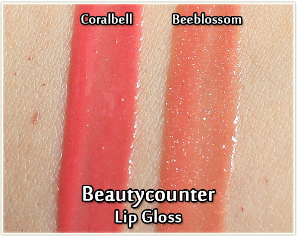 Beautycounter lip gloss swatches - Coralbell and Beeblossom