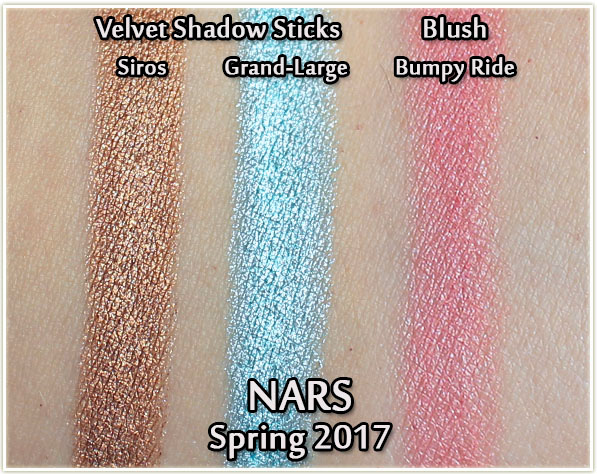 NARS Spring 2017 - Velvet Shadow Sticks in Siros and Grand-Large, Blush in Bumpy Ride - swatches