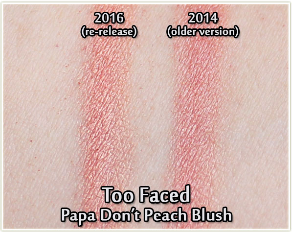 Too Faced Papa Don't Peach blush swatches - comparison with old version