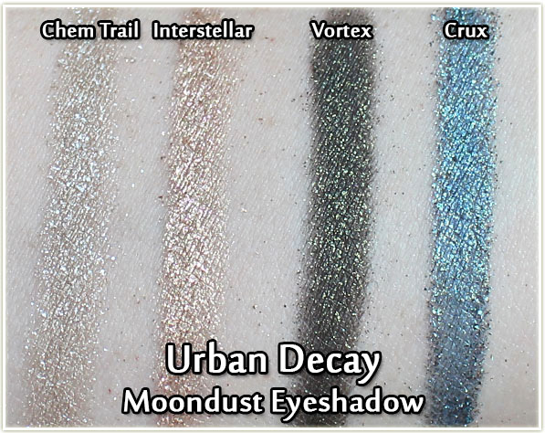 Urban Decay Moondust swatches - Chem Trail, Interstellar, Vortex and Crux