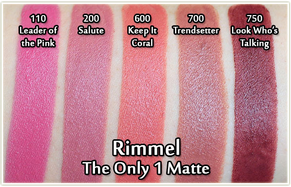 Rimmel The Only 1 Matte Lipsticks swatches - Leader of the Pink, Salute, Keep It Coral, Trendsetter and Look Who's Talking