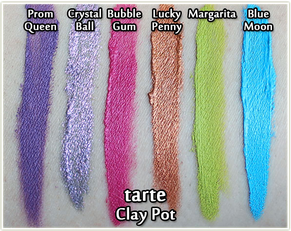 tarte Clay Pot swatches - Prom Queen, Crystal Ball, Bubblegym, Lucky Penny, Margarita and Blue Moon