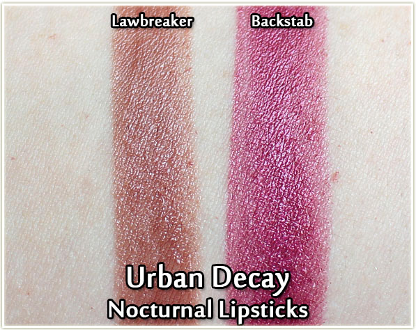 Urban Decay Nocturnal lipsticks in Lawbreaker and Backstab - swatches
