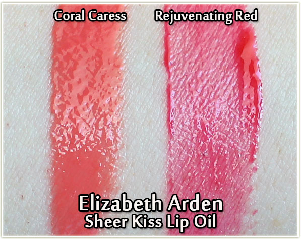 Elizabeth Arden Tropical Escape Sheer Kiss Lip Oils Swatches in Coral Caress and Rejuvenating Red