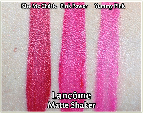 Lancôme Matte Shaker swatches - Kiss Me Cherie, Pink Power and Yummy Pink