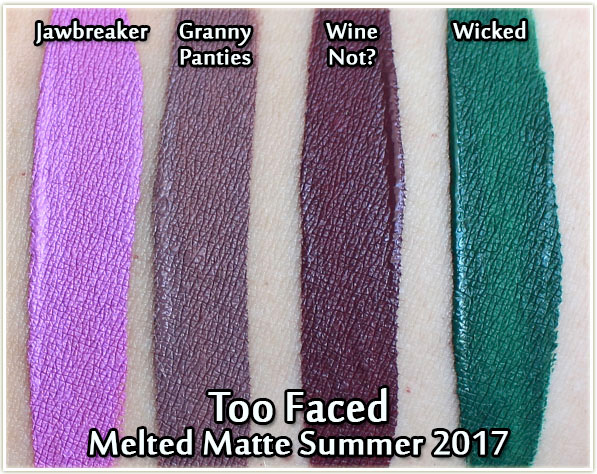Too Faced Melted Matte swatches - Jawbreaker, Granny Panties, Wine Not? and Wicked