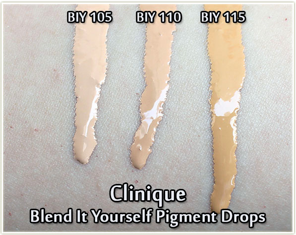 Clinique Blend It Yourself (BIY) Pigment Drops - swatches of BIY 105, BIY 110 and BIY 115