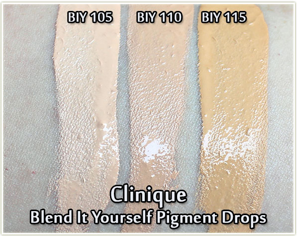 Clinique Blend It Yourself (BIY) Pigment Drops - swatches of BIY 105, BIY 110 and BIY 115