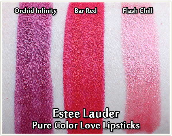 Estee Lauder Pure Color Love Lipsticks swatches - Orchid Infinity, Bar Red and Flash Chill