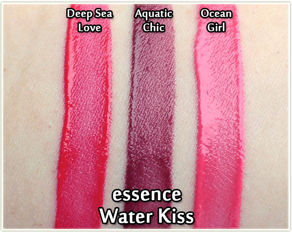 essence Water Kiss Glossy Lip Colours swatched - Deep Sea Love, Aquatic Chic & Ocean Girl