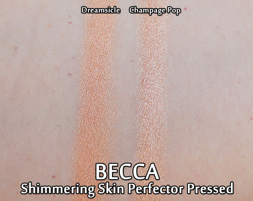 BECCA Shimmering Skin Perfector Pressed in Dreamsicle and Champagne Pop - swatched