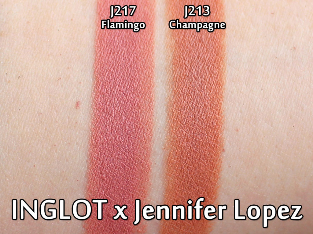 INGLOT x Jennifer Lopez lipsticks - Flamingo (J217) and Champagne (J213) - swatched