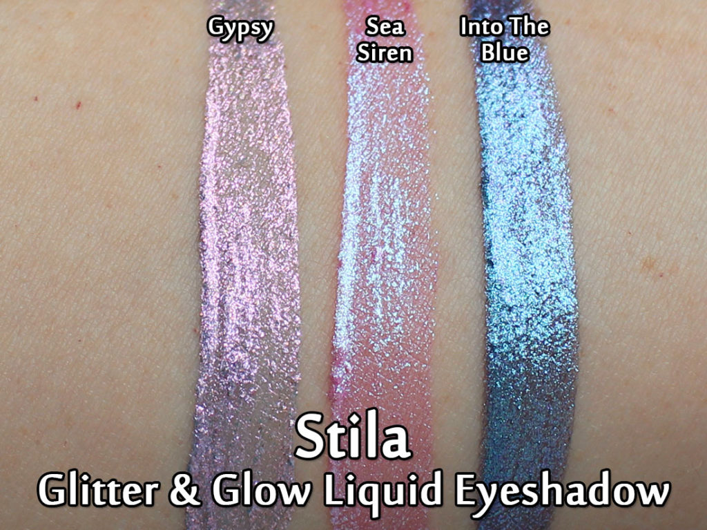 Stila Glitter & Glow Liquid Eyeshadows in Gypsy, Sea Siren and Into The Blue - swatched