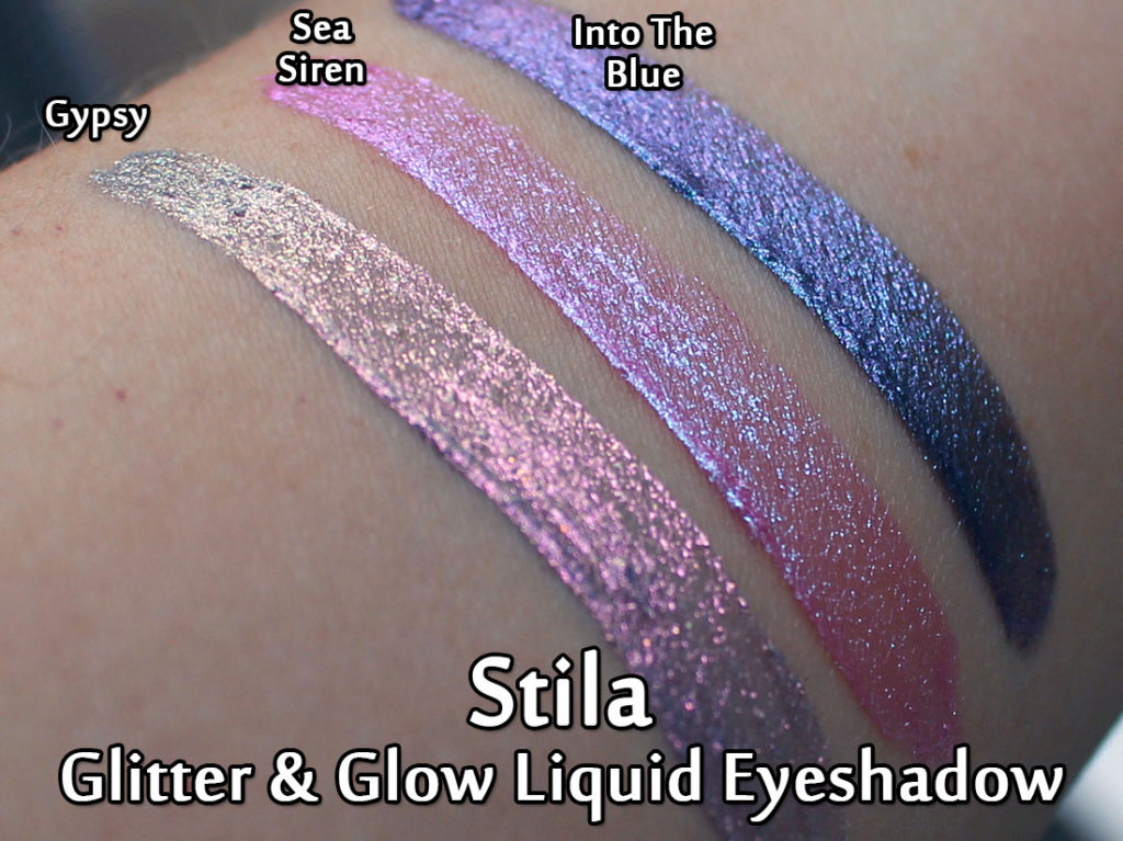 Stila Glitter & Glow Liquid Eyeshadows in Gypsy, Sea Siren and Into The Blue - swatched
